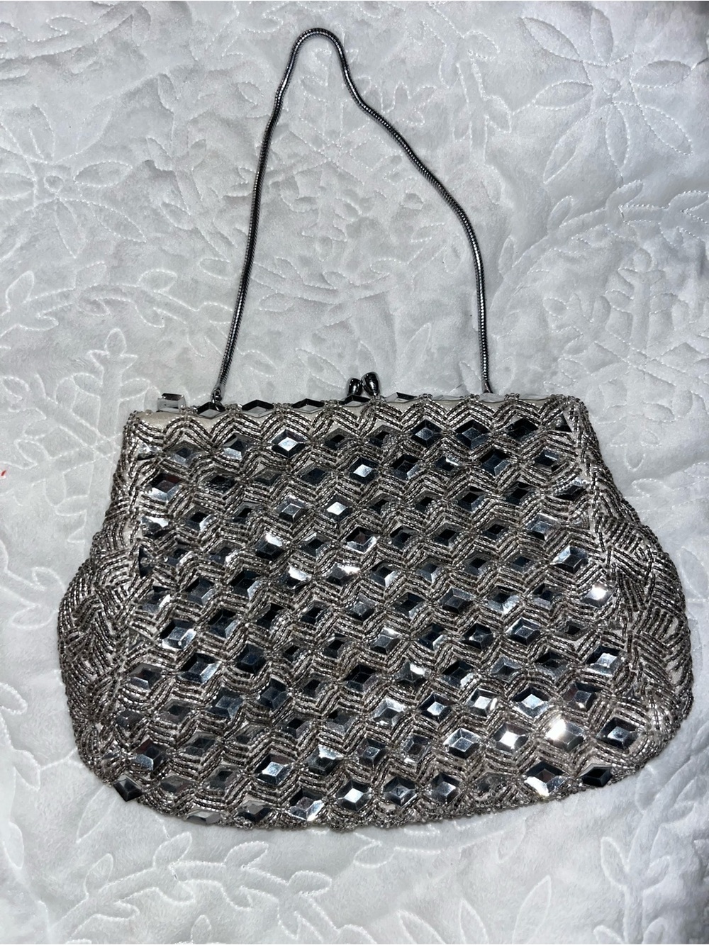 Vintage 1950s Goldco Silver Beaded Evening Bag Clutch